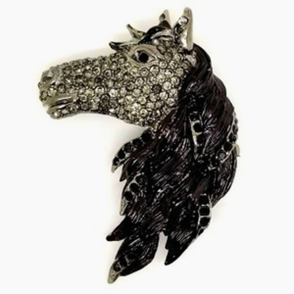 BLACK STALLION Crystal & Enamel Horse Brooch